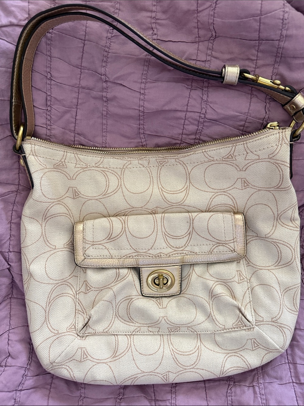 Coach Cream Signature Canvas Shoulder Bag with Gold Hardware